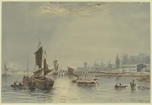 Rowing Boat Prints: At the port of Mainz, 1876. Creator: Ernst Morgenstern
