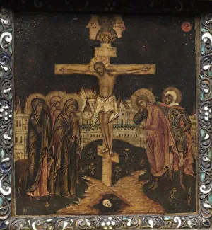 Portable Triptych Icon: The Crucifixion, 1600s. Creator: Unknown
