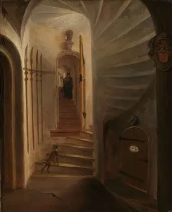 Orange William I Of Prints: Portal of a stairway tower, with a man descending the stairs: presumably the moment