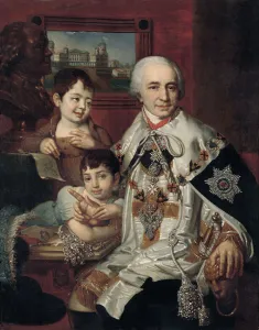 Borovikovsky Collection: Portrait of Admiral Count Grigory Grigoryevich Kushelev (1754-1833) with children, 1801