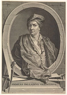 Paolo Gallery: Portrait of Andrea Palladio in half-length within an oval frame; a compass