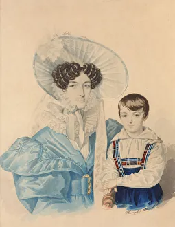 Portrait of Anna Platonovna Plautina (1808-1886) with her son, 1830s. Creator: Hampeln