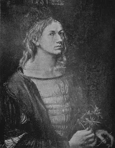 Suspicion Prints: Portrait of the artist holding a thistle, 1493, (1906). Artist: Albrecht Durer