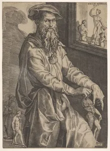 Niccolo Prints: Portrait of Baccio Bandinelli, in three-quarter length next to a window pane contai