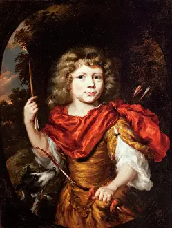 Childrenswear Prints: Portrait of a Boy with a Bow and a Dog (Amor), c1673/1674. Creator: Nicolaes Maes