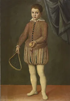 Portrait of a boy holding a tennis racket and ball, Between 1558 and 1563. Artist: Anguissola, Sofonisba, Circle of Portrait of a boy holding a tennis racket and ball, Between 1558 and 1563. Artist: Anguissola, Sofonisba, Circle of