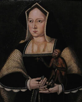 Catalina De Aragon Collection: Portrait of Catherine of Aragon, with her pet monkey (Copy After Lucas Horenbout), ca 1530