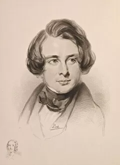 Charles Dickens Collection: Portrait of Charles Dickens. Sketch of Dickens sister Fanny, bottom left, 1842