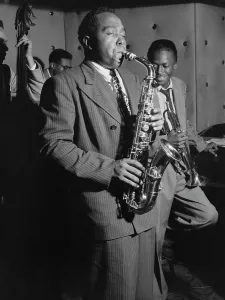 Portrait of Charlie Parker, Tommy Potter, Miles Davis, and Max Roach, Three Deuces, N.Y. 1947. Creator: William Paul Gottlieb