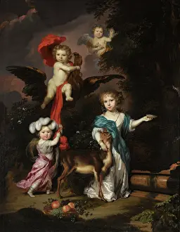 Diana Prints: Portrait of Four Children as Ceres Ganymede Cherub and Diana, 1675. Creator: Nicolaes Maes