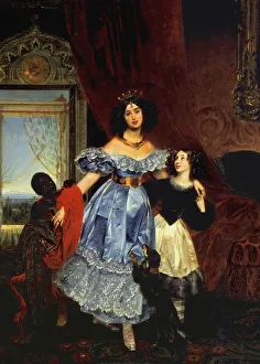 Countess Prints: Portrait of Countess Julia Samoilova with her stepdaughter Amazillia Pacini and black boy