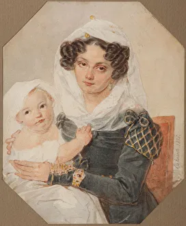 Exil Prints: Portrait of Countess Maria Nikolayevna Volkonskaya (1805-1863) with son Nikolay