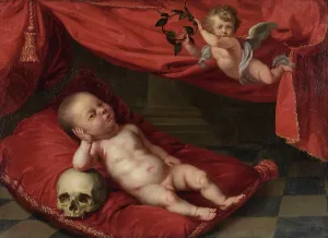Deceased Prints: Portrait of deceased boy with vanitas motif, 17th century. Creator: Unknown