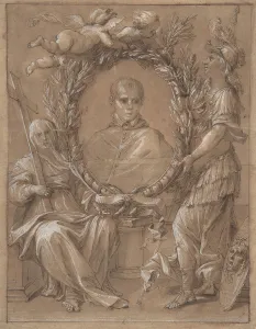 Portrait of an Ecclesiastic Flanked by a Female Saint and Athena, 17th century Portrait of an Ecclesiastic Flanked by a Female Saint and Athena, 17th century