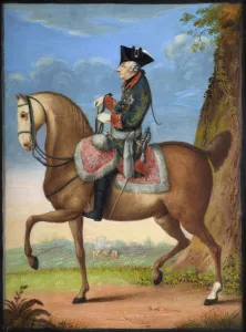 Portrait of Frederick II of Prussia (1712-1786) on horseback, 1777. Creator: Chodowiecki