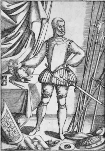 Fell Prints: Portrait of Giacomo Di Grassi, showing weapons the use of which he taught his pupils