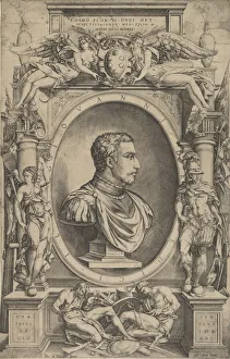 Enea Prints: Portrait of Giovanni de Medici facing right within an elaborate cartouche flanked by