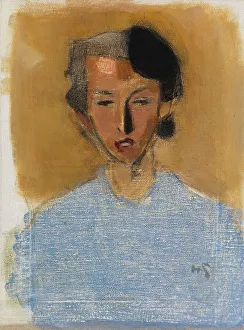 Schjerfbeck Helene Prints: Portrait of a Girl in Blue and Brown (Inez), 1944. Creator: Helene Schjerfbeck