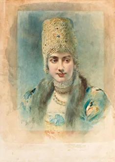 Léon 1866 1924 Prints: Portrait of a Girl Wearing a Kokoshnik, 1890. Artist: Bakst, Leon (1866-1924)
