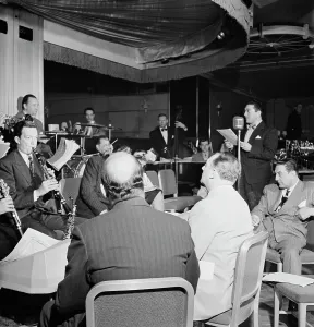 Portrait of Guy Lombardo and Don Rodney, Starlight Roof, Waldorf-Astoria, New York, ca. July 1947. Creator: William Paul Gottlieb