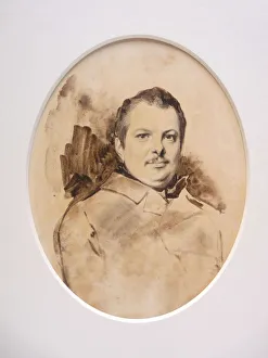 Sepia On Paper Prints: Portrait of Honore de Balzac (1799-1850), c. 1829. Creator: Deveria, Achille (1800-1857)