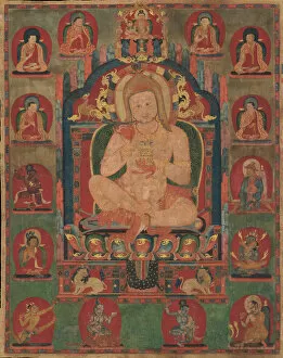 Thangka Collection: Portrait of Jnanatapa Attended by Lamas and Mahasiddhas, ca. 1350. Creator: Unknown