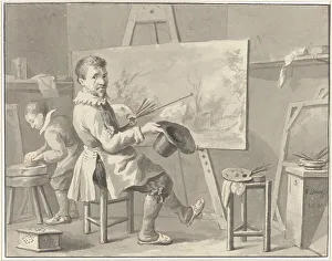 Art History Prints: Portrait of Joost Corneliszn. Droochsloot in his studio sitting behind an easel with