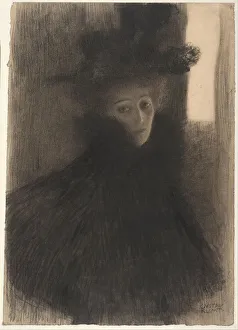 Black Chalk And Sanguine On Paper Prints: Portrait of a Lady with Cape and Hat, 1897-1898. Artist: Klimt, Gustav (1862-1918)