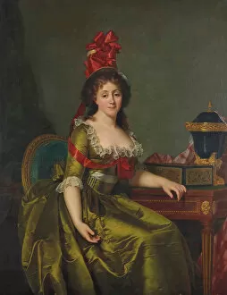 Ducreux Gallery: Portrait of a lady, in a green satin dress and a bonnet with red ribbons