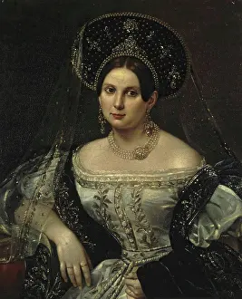 Earring Prints: Portrait of the Lady-in-Waiting Anna Okulova (?), 1837. Creator: Pimen Orlov