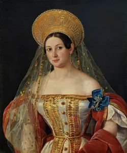 Beads Prints: Portrait of the Lady-in-Waiting Sofia Orlova-Denisova (?), 1835. Creator: Pimen Orlov