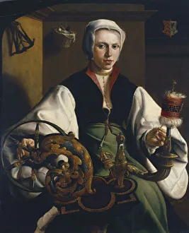 Spinner Prints: Portrait of a Lady spinning, ca 1531. Artist: Heemskerck, Maarten Jacobsz, van (1498-1574)