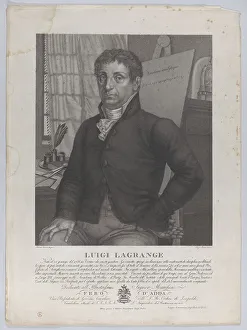 Stippled Prints: Portrait of Luigi Lagrange, seated with an easel behind him at right with a mathematical e