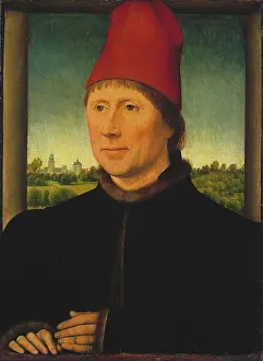 Hans Menling Prints: Portrait of a Man Wearing a High Red Cap, c1470-1475. Creator: Hans Memling