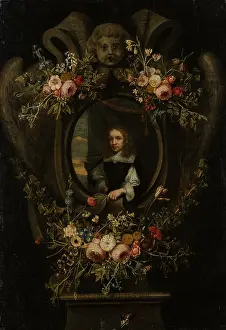 Wreath Prints: Portrait of a Man Wreathed by Flowers, c1650-1660. Creator: Flemish Master