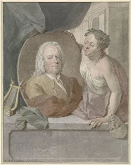 Draughtsman Prints: Portrait medallion from Frans Greenwood held by a muse, 1748. Creator: Aert Schouman