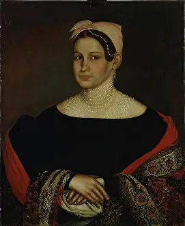Shawl Prints: Portrait of a Merchant Wife in a Low-cut Black Dress with Puffed Sleeves