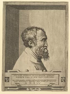 Buonarroti Gallery: Portrait of Michelangelo in profile facing right set within a recess, 1545