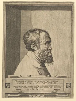 Simoni Prints: Portrait of Michelangelo in profile facing right set within a recess, 1545