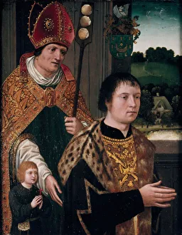 Bishops Mitre Prints: Portrait of Nicholas Gaze and His Son and St Nicholas, 1525. Creator: Unknown