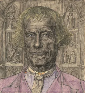 Toorop Prints: Portrait of an Old Peasant in Front of a Cathedral, 1904. Creator: Toorop, Jan (1858-1928)