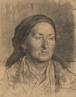 Charcoal On Paper Prints: Portrait of an old woman in a scarf, 1881. Creator: Jeno Jendrassik