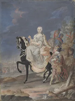 Watercolour On Vellum Prints: Portrait of a Russian Empress on horseback, 18th century. Creator: Anon