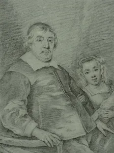 Cornelis Visscher Prints: Portrait of a seated man and a young girl, c17th century. Creator: Unknown