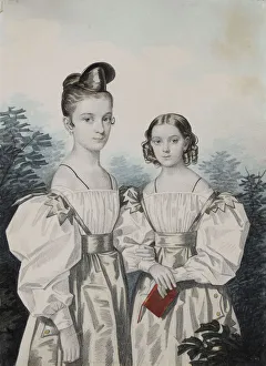 Ushakov Prints: Portrait of Sisters Anna Petrovna (1822-1905) and Elena Petrovna (1824-1860) Ushakov