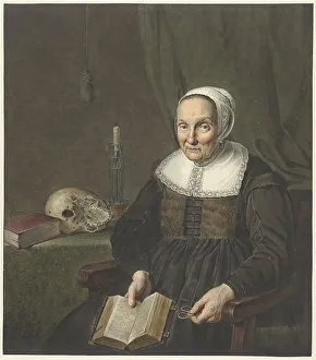 Olive Green Prints: Portrait of a sitting old woman with opened book, 1780-1834. Creator: Jean Pierre de Frey