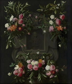 Willem Iii Prints: Portrait of Stadholder-King William III (1650-1702) surrounded by a Garland of Flowers