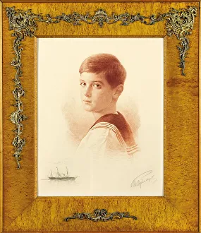 Tsarevich Prints: Portrait of the Successor to the throne Tsarevich Alexei Nikolaevich of Russia with a remarque depiction of