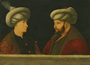 Portrait of Sultan Mehmed II with a young dignitary. Artist: Bellini, Gentile Portrait of Sultan Mehmed II with a young dignitary. Artist: Bellini, Gentile