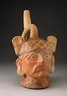 Andean Gallery: Portrait Vessel of a Ruler with Mustache and Feathered Headdress, 100 B.C. / A.D. 500